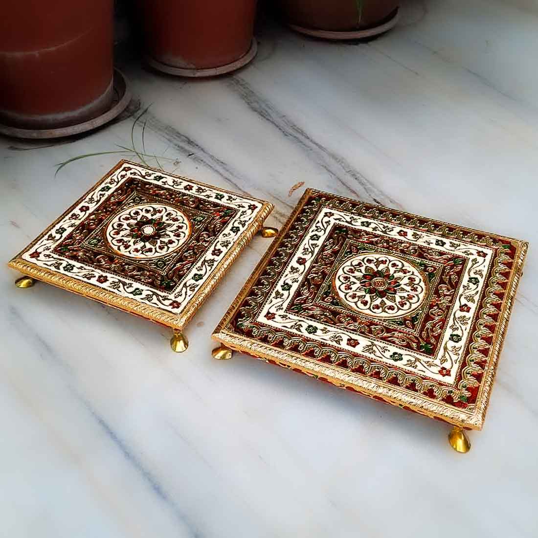 Pooja Chowki Bajot - Set of 2 - 10 Inch & 12 Inch Bajot - ApkaMart #style_Design 1
