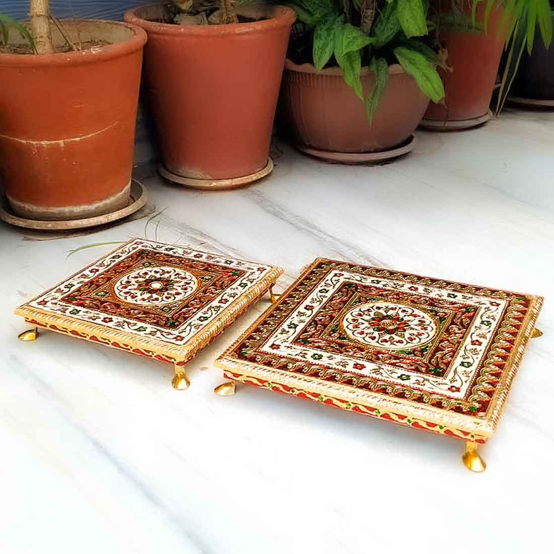 Pooja Chowki Bajot - Set of 2 -  10 Inch & 12 Inch Bajot - ApkaMart #style_Design 1