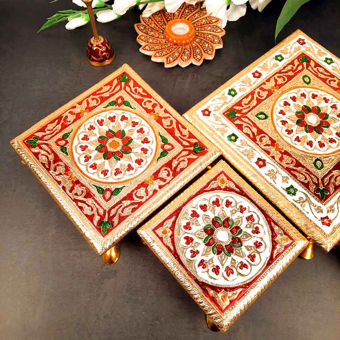 Puja Chowki - Set of 4 - Set of 4, 6, 8, 10 Inch Bajot - ApkaMart #Style_Design 1