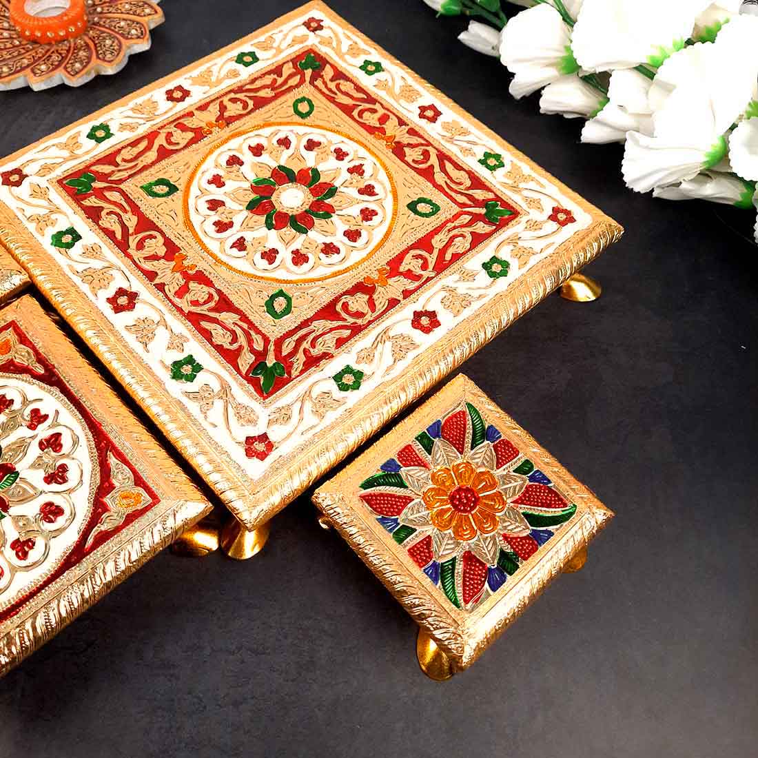 Puja Chowki - Set of 4 - Set of 4, 6, 8, 10 Inch Bajot - ApkaMart #Style_Design 1