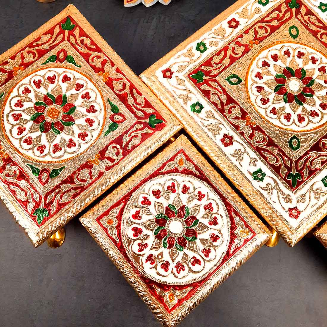 Puja Chowki - Set of 4 - Set of 4, 6, 8, 10 Inch Bajot - ApkaMart #Style_Design 1
