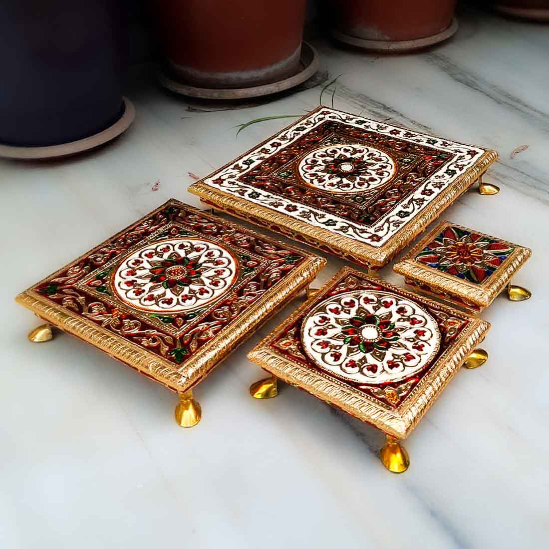 Puja Chowki - Set of 4 - Set of 4, 6, 8, 10 Inch Bajot - ApkaMart #Style_Design 1