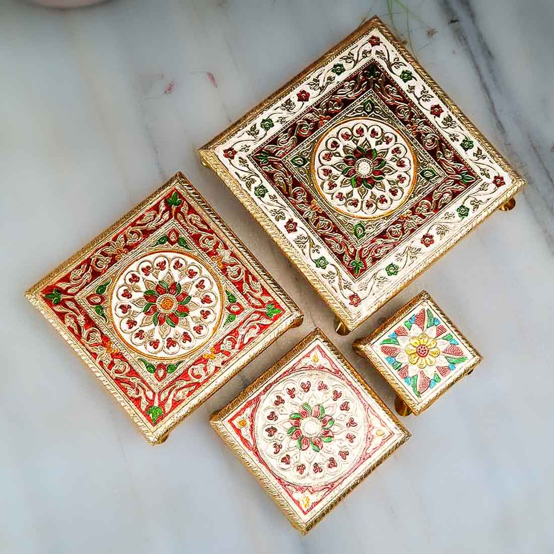 Puja Chowki - Set of 4 - Set of 4, 6, 8, 10 Inch Bajot - ApkaMart #Style_Design 1