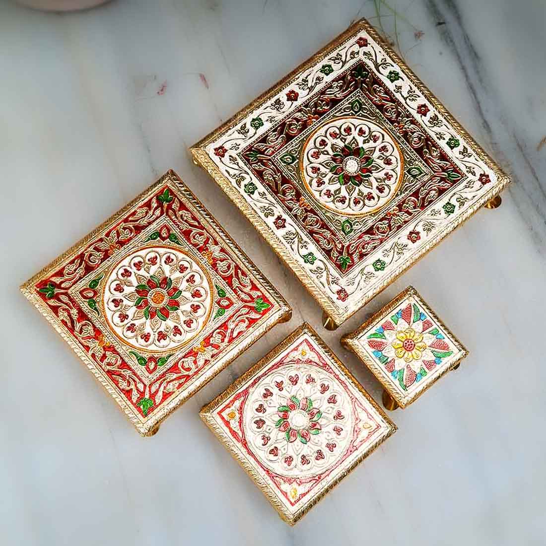 Puja Chowki - Set of 4 - Set of 4, 6, 8, 10 Inch Bajot - ApkaMart #Style_Design 1