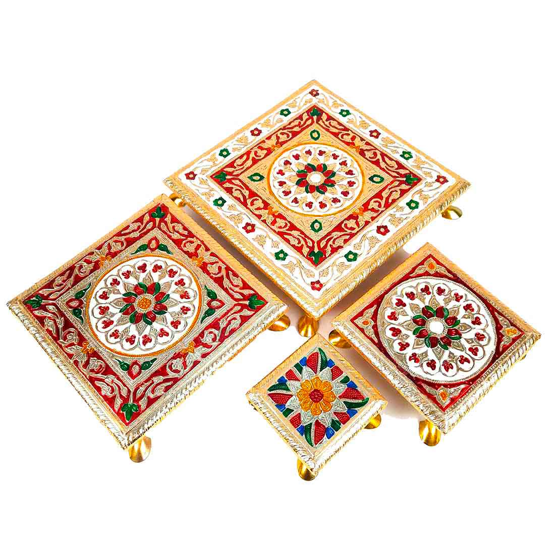 Puja Chowki - Set of 4 - Set of 4, 6, 8, 10 Inch Bajot - ApkaMart #Style_Design 1