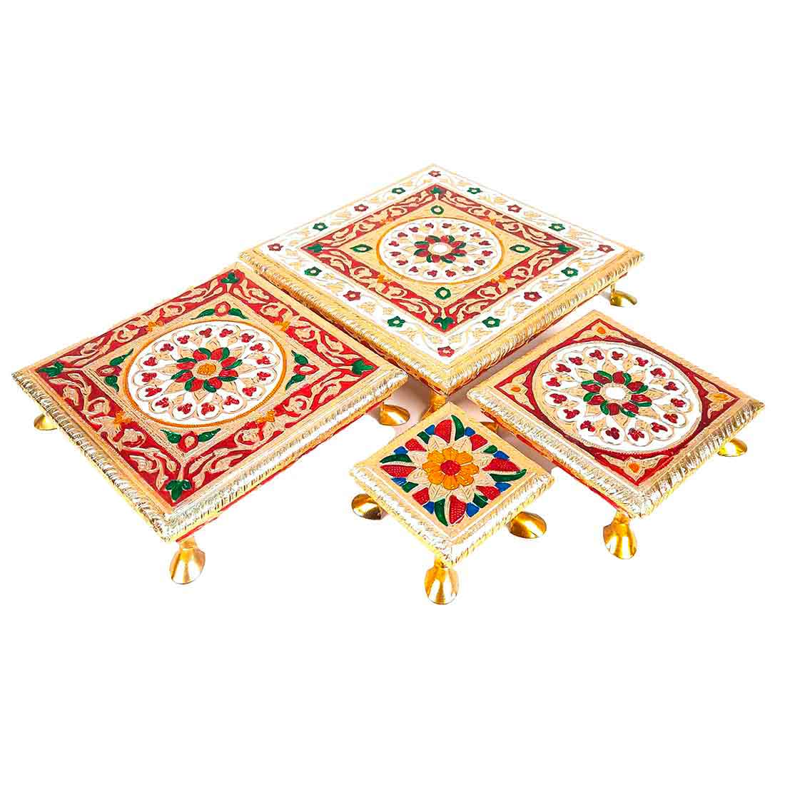Puja Chowki - Set of 4 - Set of 4, 6, 8, 10 Inch Bajot - ApkaMart #Style_Design 1