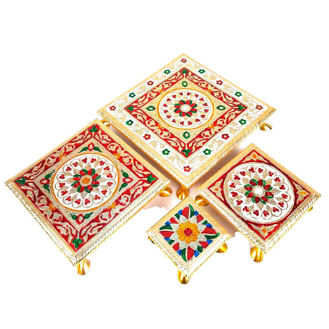 Puja Chowki - Set of 4 - Set of 4, 6, 8, 10 Inch Bajot - ApkaMart #Style_Design 1