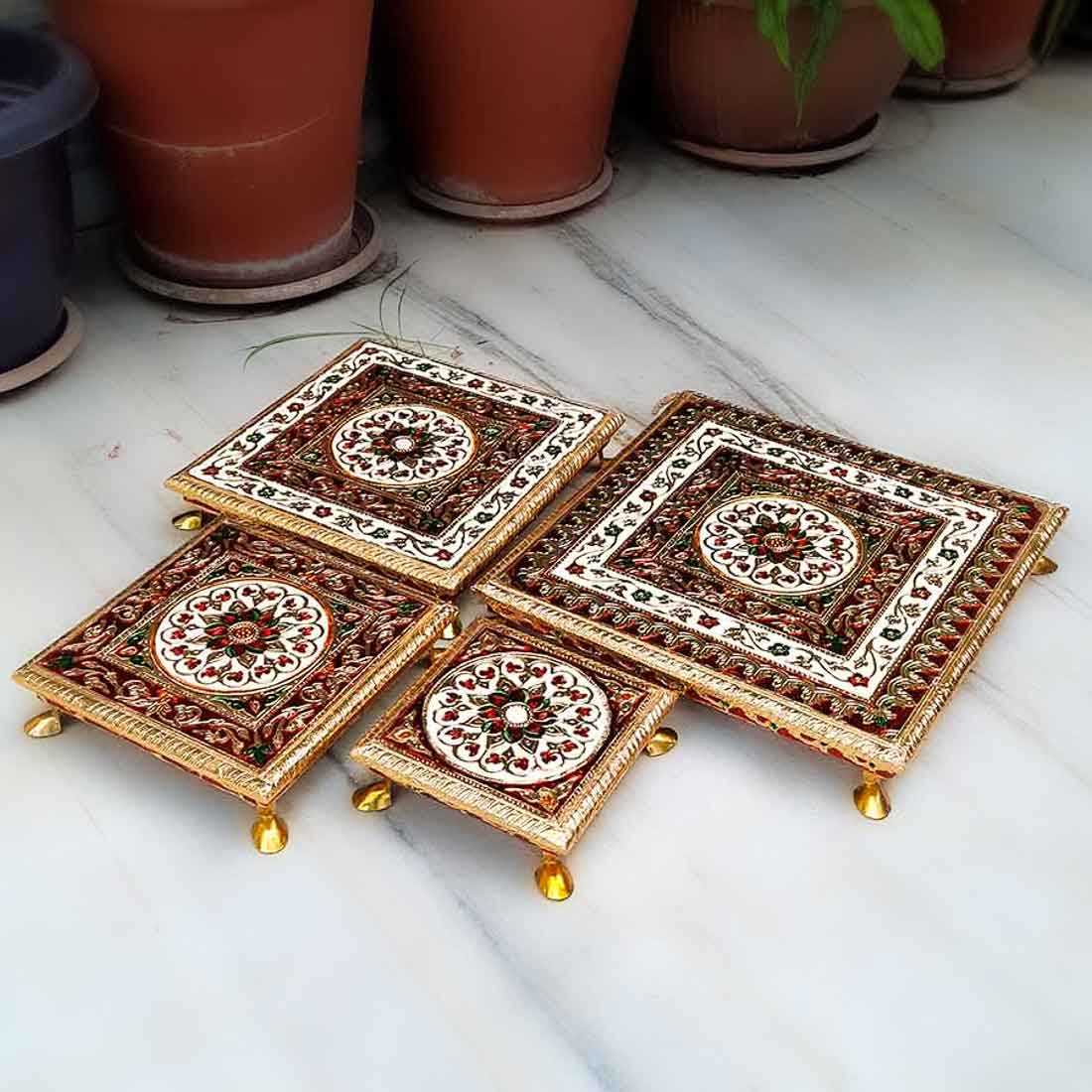 Puja Chowki Bajot - Set of 4 - Set of 6, 8, 10, 12 Inch Bajot - ApkaMart #Style_Design 1