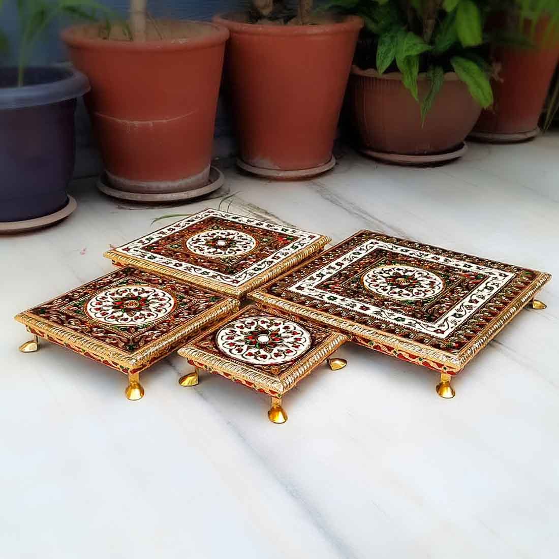 Puja Chowki Bajot - Set of 4 - Set of 6, 8, 10, 12 Inch Bajot - ApkaMart #Style_Design 1