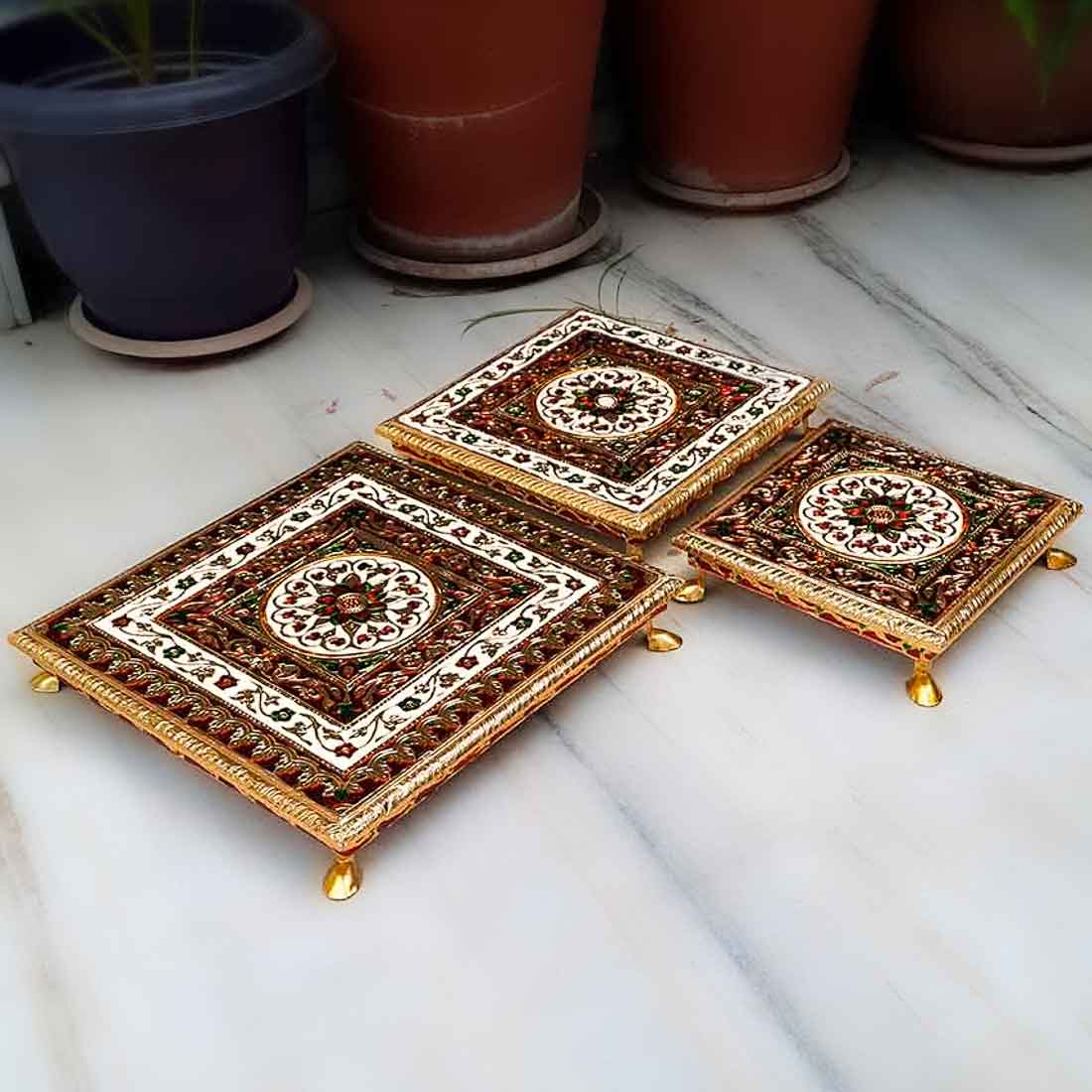 Minakari Chowki Bajot - Set of 3 - Set of 8, 10, 12 Inch Bajot - ApkaMart #Style_Design 1