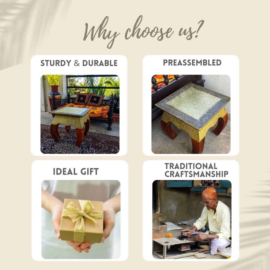 Brass Embellished | Wood Coffee Table | Wooden Tea Table - 12 Inches - ApkaMart