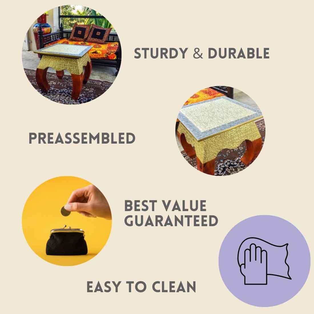 Brass Embellished | Wood Coffee Table | End Tables for Living Room - 14 Inches - ApkaMart