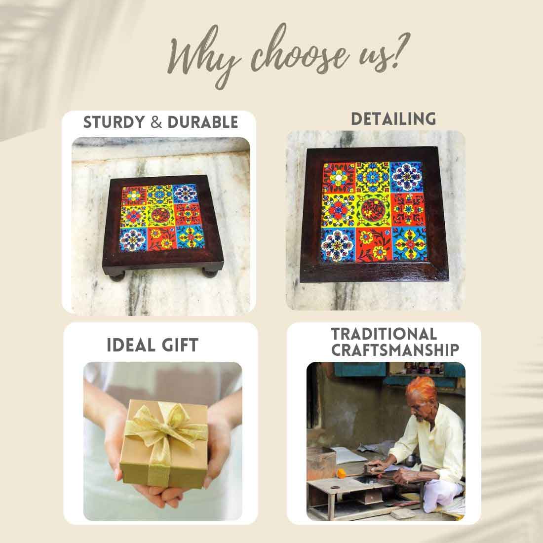 Patla Chauki with Ceramic Tiles - For Sitting & Home Decor - 8 Inch - ApkaMart