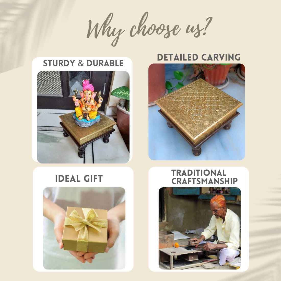 Brass Pooja Chowki - For Puja, Sitting & Home Decor - 10 Inch- Apkamart #Style_ Design 2