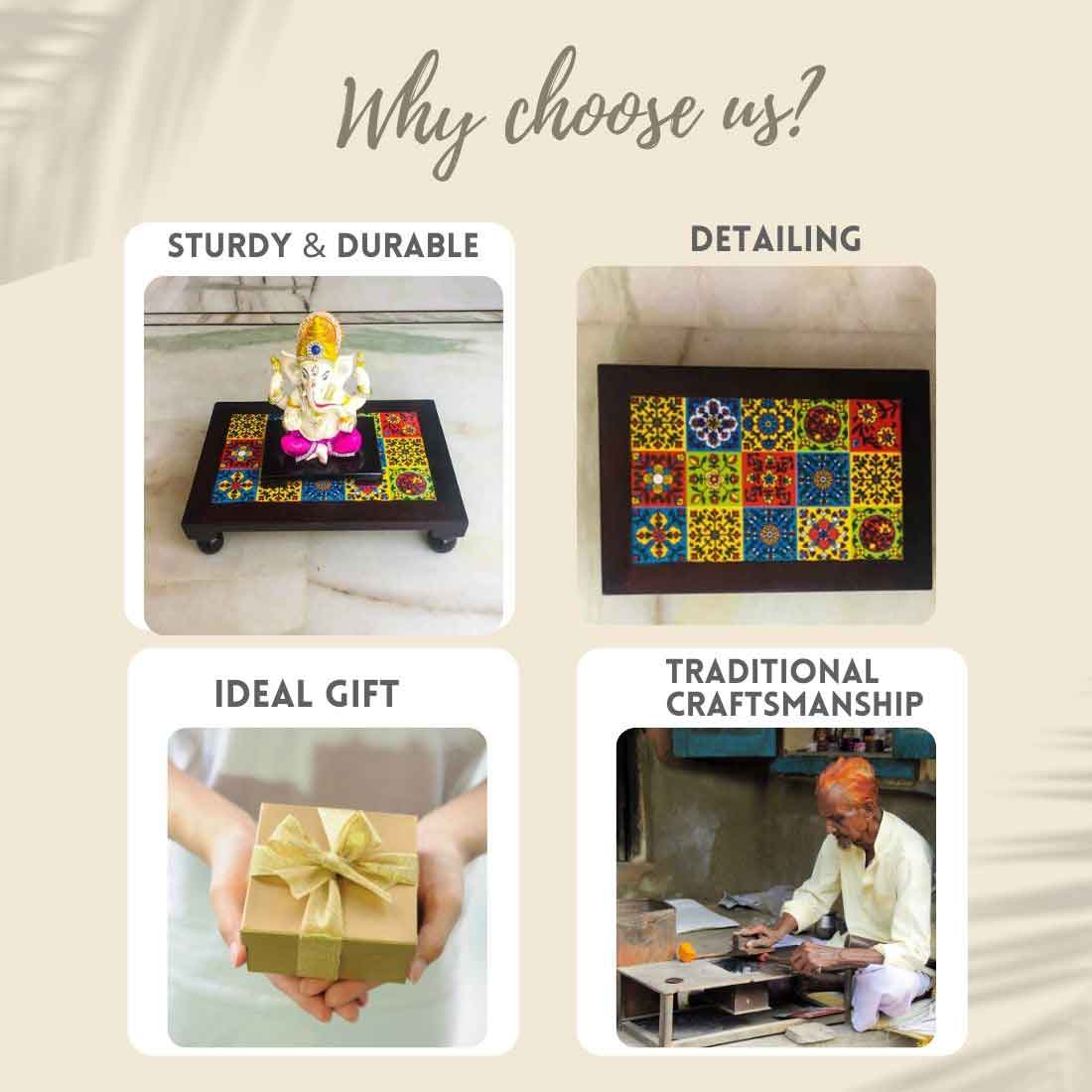 Patla Chowki with Ceramic Tiles - For Pooja, Sitting & Home Decor - 12 Inch - ApkaMart