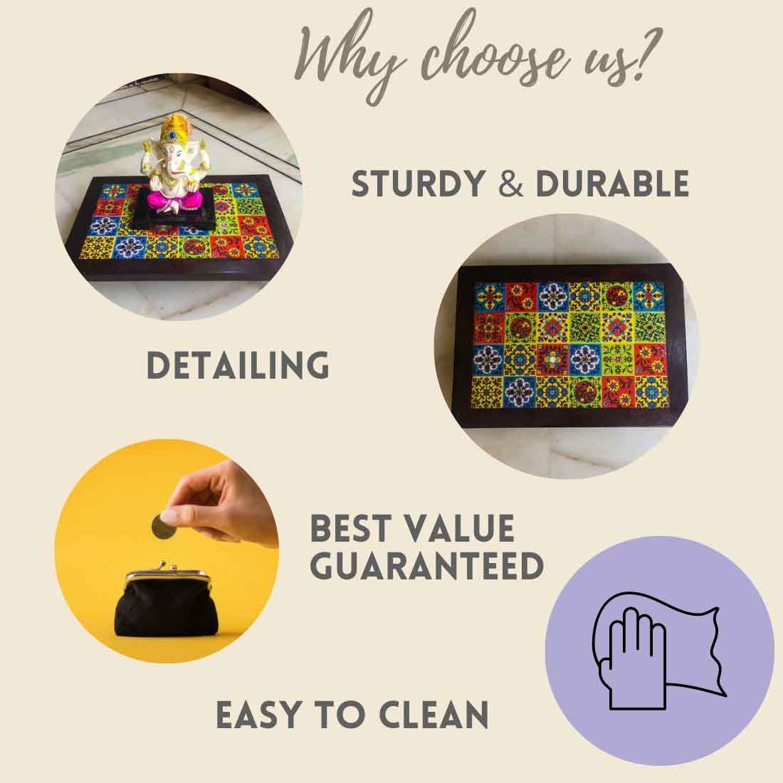 Patla Chowki with Ceramic Tile - For Home Decor - 14 Inch - ApkaMart