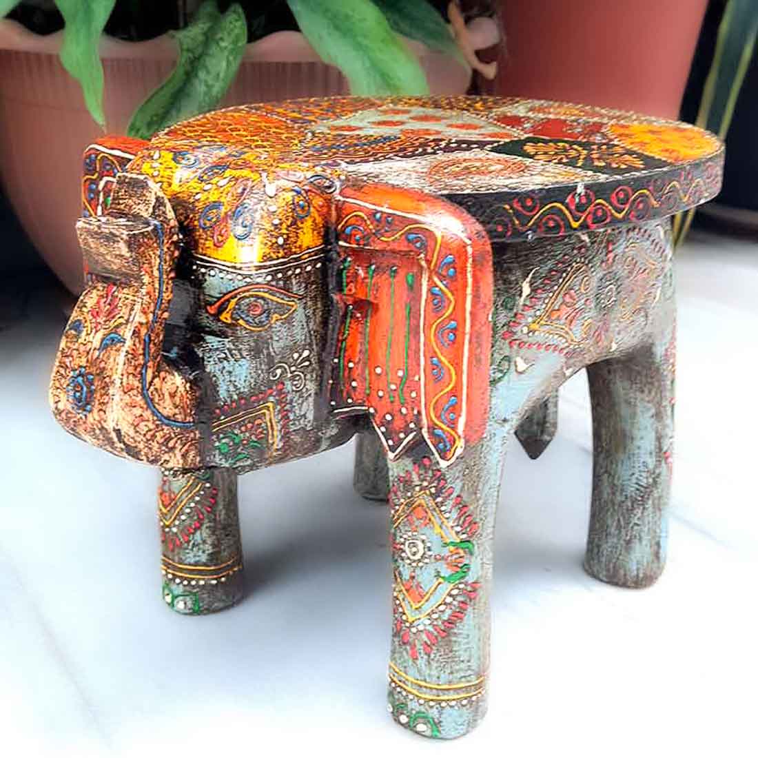 Wooden Stool - Elephant Design | Elephant Table - For Placing Small Pots & Tea Lights - For Home, Living Room Decor & Gifts - 11 Inch - Apkamart #Style_Design 2