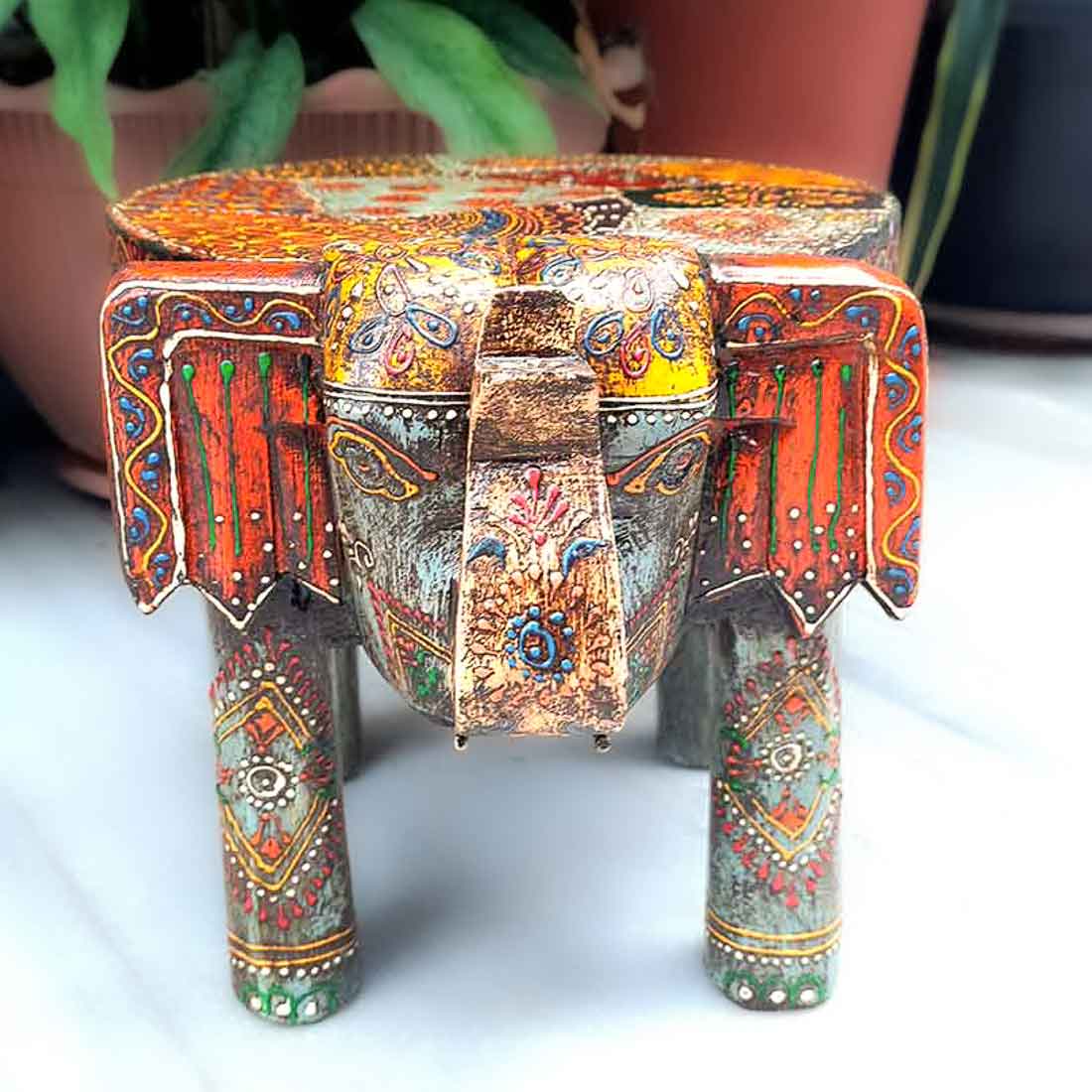 Wooden Stool - Elephant Design | Elephant Table - For Placing Small Pots & Tea Lights - For Home, Living Room Decor & Gifts - 11 Inch - Apkamart #Style_Design 2