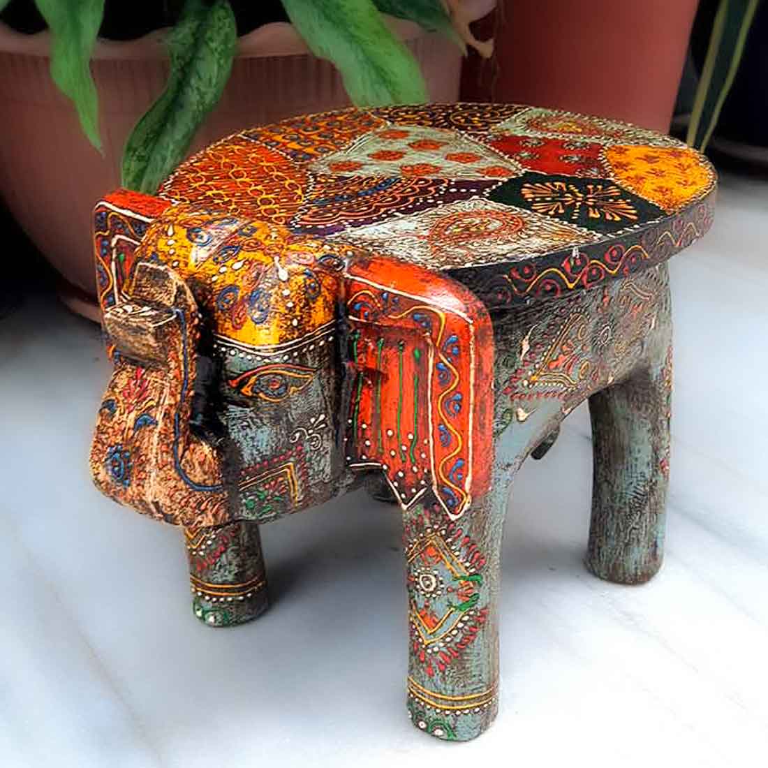 Wooden Stool - Elephant Design | Elephant Table - For Placing Small Pots & Tea Lights - For Home, Living Room Decor & Gifts - 11 Inch - Apkamart #Style_Design 2