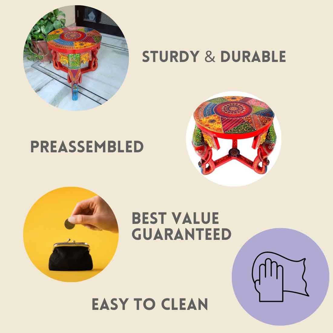 Wooden Side Table With Elephant Face Shape Legs - 15 Inches - ApkaMart