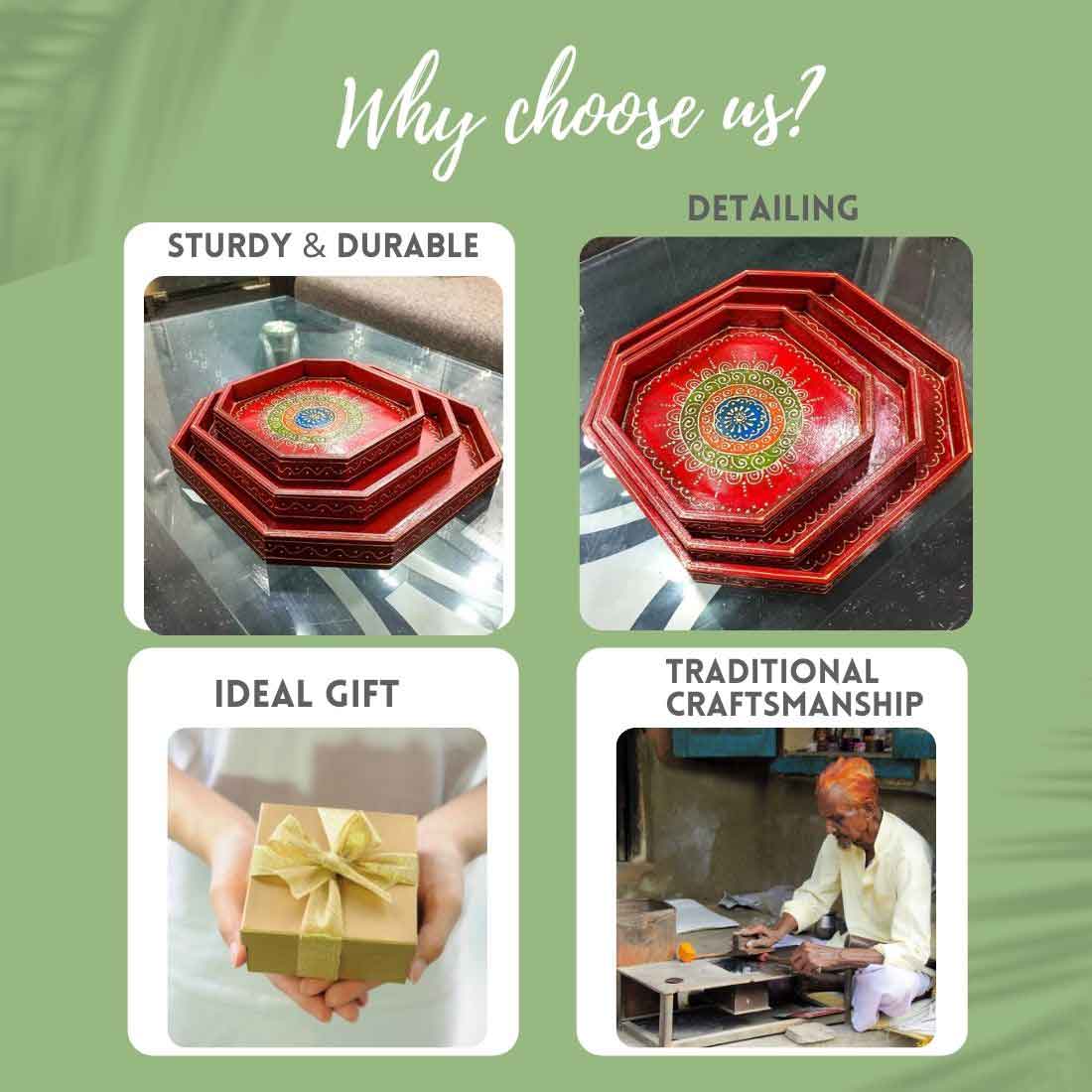 Wooden Serving Tray Set | Tea & Snacks Serving Platter - For Home, Dining Table, Kitchen Decor | Wedding & Housewarming Gift (Combo of 3) - Apkamart #Style_Design 2