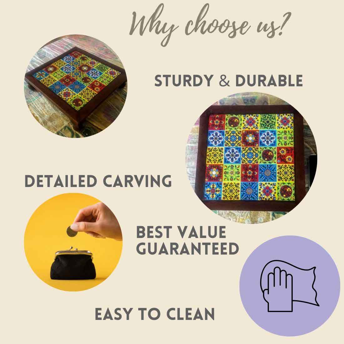 Wooden Bajot with Ceramic Tile Top - 12 inch - ApkaMart