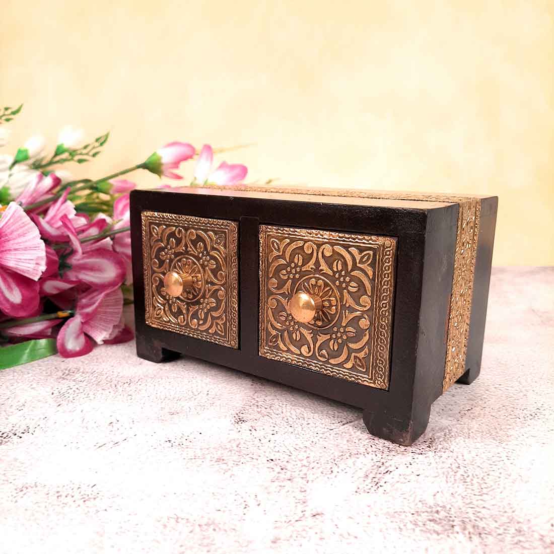 Wooden Jewellery Box with 2 Drawers | Handcrafted Organizer for Rings, Earrings, Bangles, Watches | Vanity Storage Box for Dressing Table, Home Decor & Gifts - 8 Inch - Apkamart #Style_Design 2