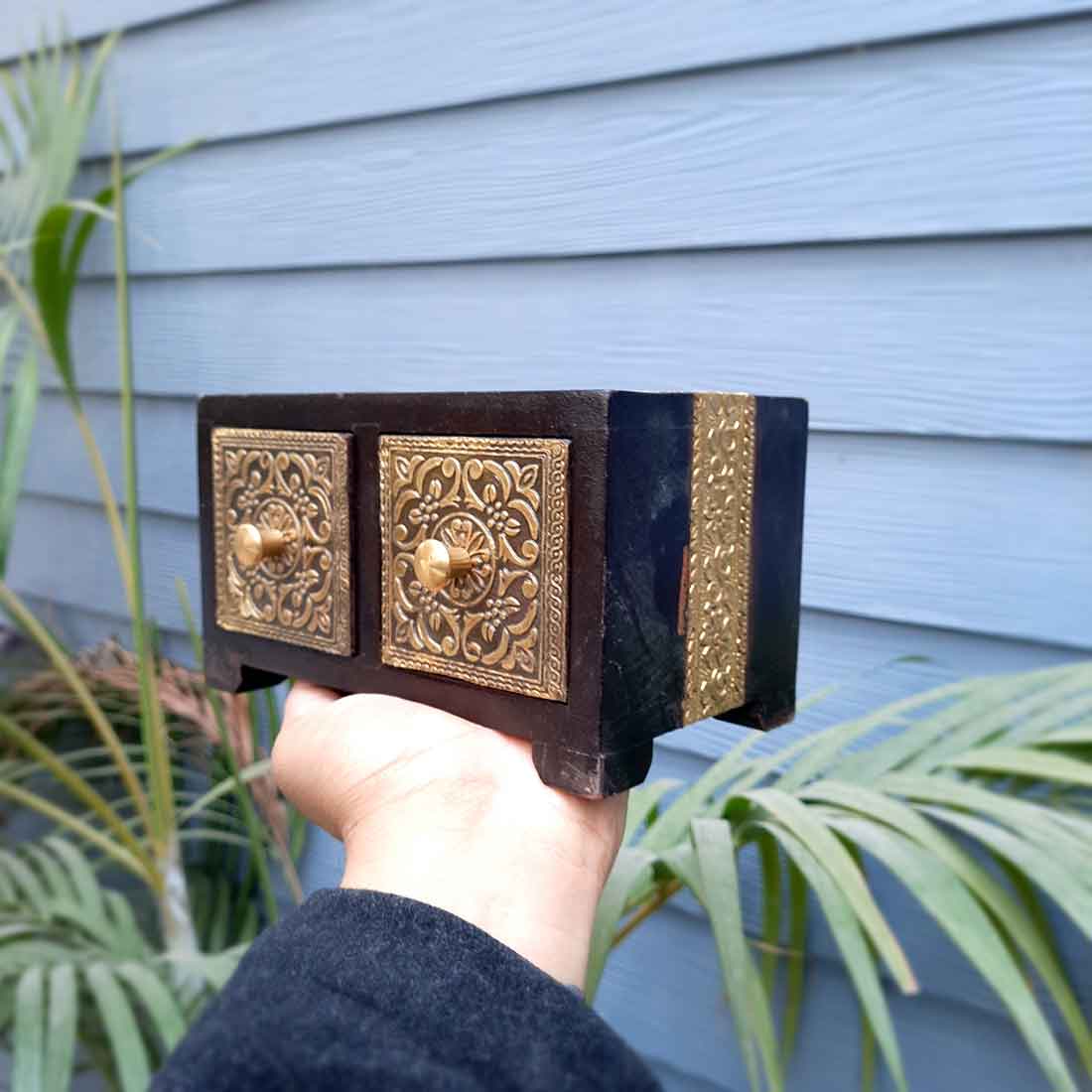 Wooden Jewellery Box with 2 Drawers | Handcrafted Organizer for Rings, Earrings, Bangles, Watches | Vanity Storage Box for Dressing Table, Home Decor & Gifts - 8 Inch - Apkamart #Style_Design 2