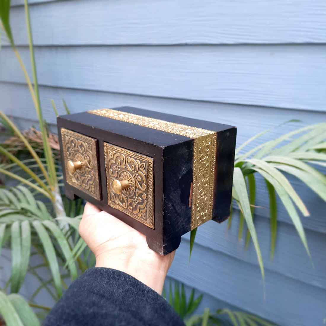 Wooden Jewellery Box with 2 Drawers | Handcrafted Organizer for Rings, Earrings, Bangles, Watches | Vanity Storage Box for Dressing Table, Home Decor & Gifts - 8 Inch - Apkamart #Style_Design 2