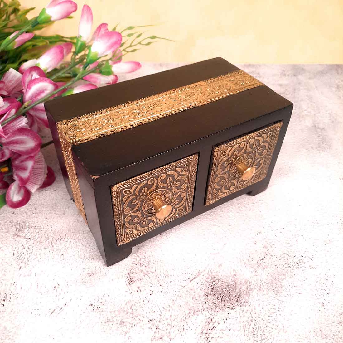 Wooden Jewellery Box with 2 Drawers | Handcrafted Organizer for Rings, Earrings, Bangles, Watches | Vanity Storage Box for Dressing Table, Home Decor & Gifts - 8 Inch - Apkamart #Style_Design 2