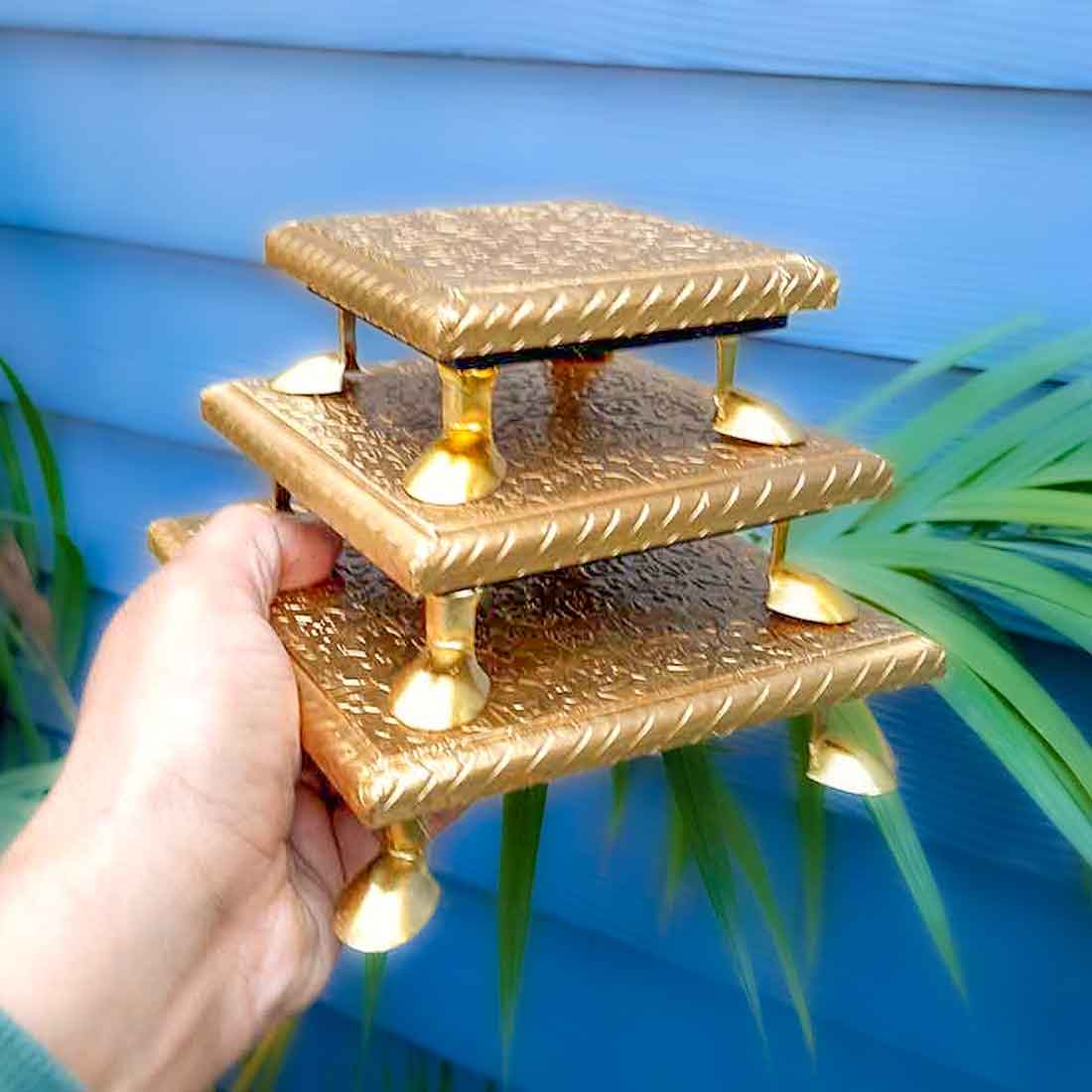 Brass Embellished Pooja Chowki - For Pooja, Weddings & Festivals - 4, 5 & 6 inch - Set of 3