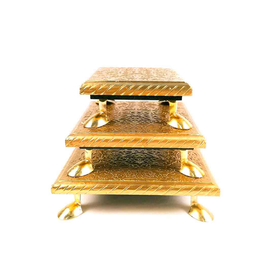 Brass Embellished Pooja Chowki - For Pooja, Weddings & Festivals - 4, 5 & 6 inch - Set of 3