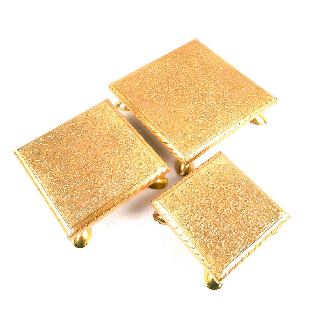 Brass Embellished Pooja Chowki - For Pooja, Weddings & Festivals - 4, 5 & 6 inch - Set of 3