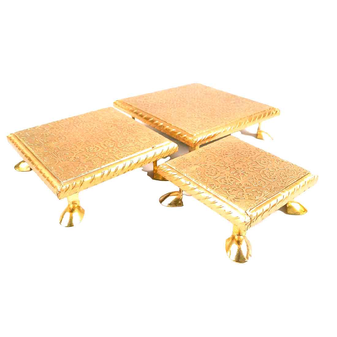 Brass Embellished Pooja Chowki - For Pooja, Weddings & Festivals - 4, 5 & 6 inch - Set of 3