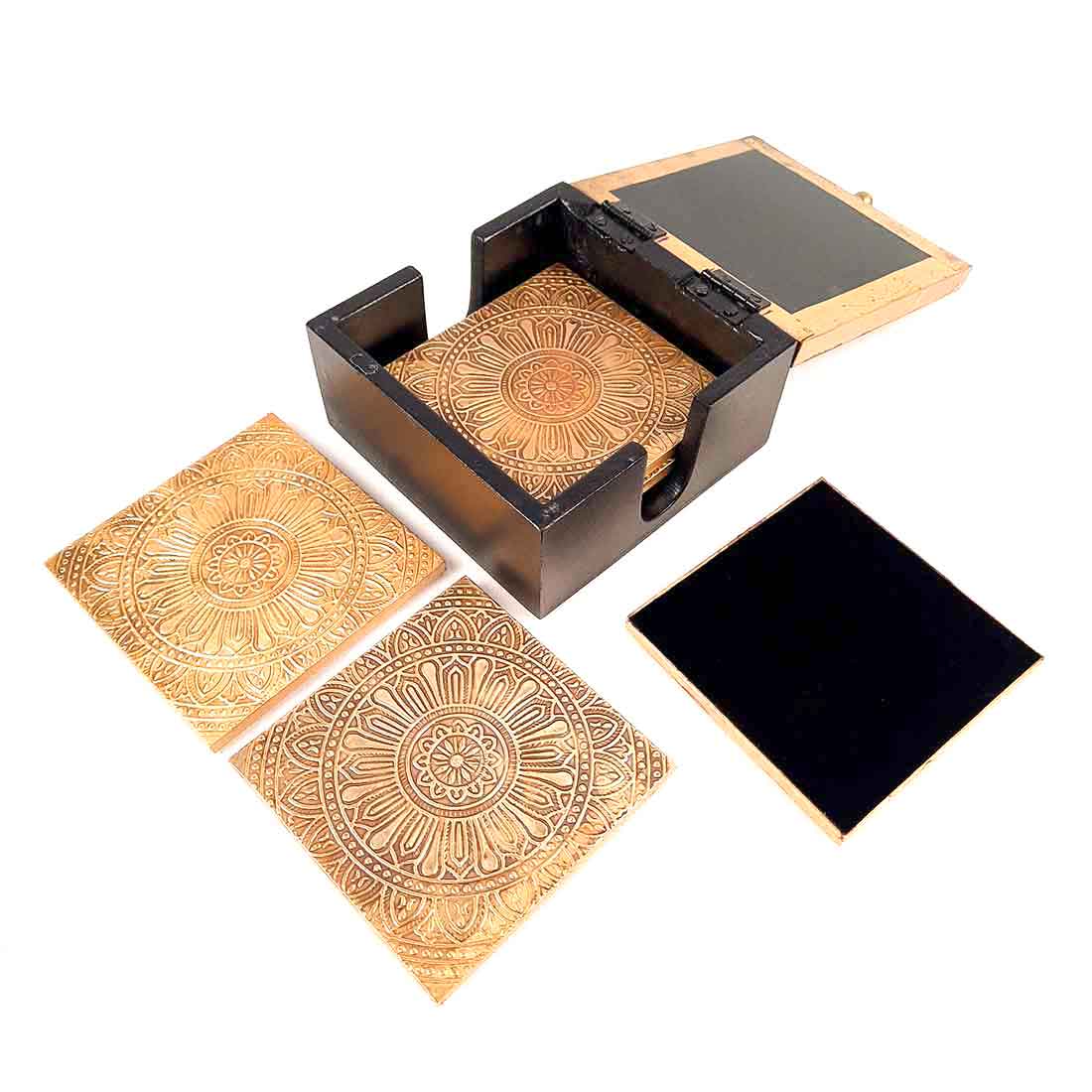 Tea Coasters | Brass Coffee Coaster Set With Box | Heat Pad | Dining Table Decor - For Kitchen, Bar, Tables, Hot Pots, Cups, Mugs - 5 Inch (Set of 6) - Apkamart