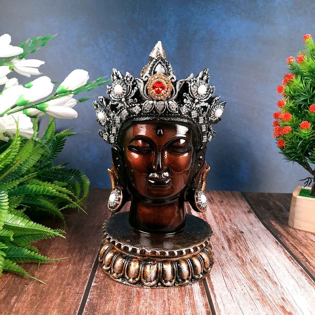 Buddha Head Statue | Buddha Face Showpiece - for Home & Spiritual Decor - 10 Inch #color_Brown