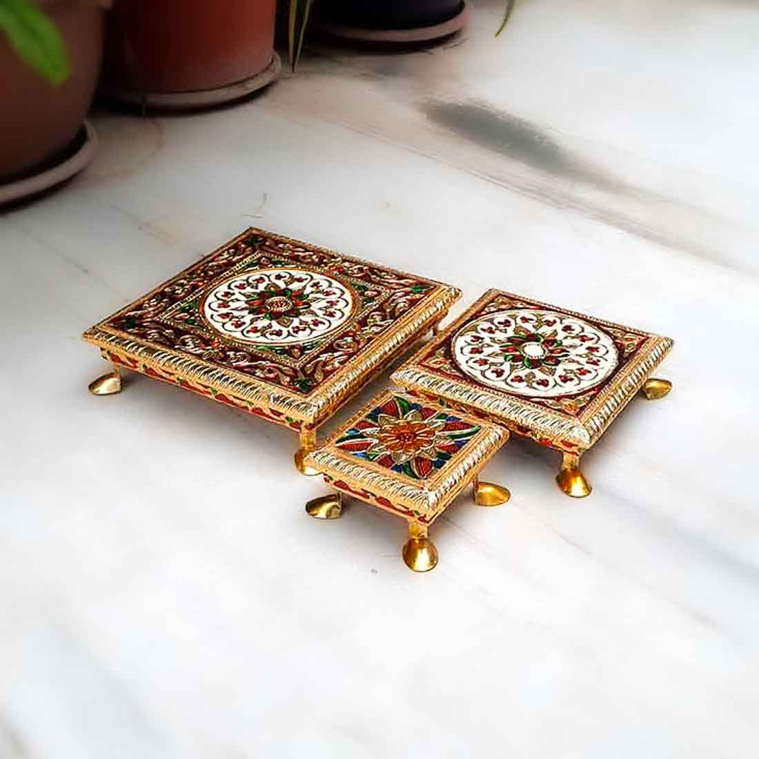 Puja Chowki - 4,6,8 Inch - Set of 3 For Pooja, Wedding & Festive Decor - ApkaMart #Style_Design 1