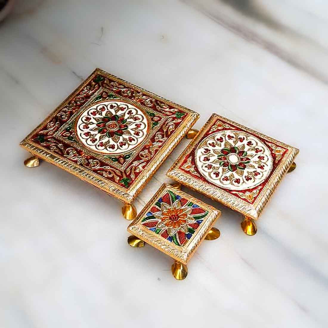 Puja Chowki - 4,6,8 Inch - Set of 3 For Pooja, Wedding & Festive Decor - ApkaMart #Style_Design 1