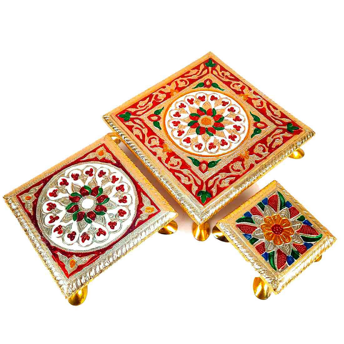 Puja Chowki - 4,6,8 Inch - Set of 3 For Pooja, Wedding & Festive Decor - ApkaMart #Style_Design 1