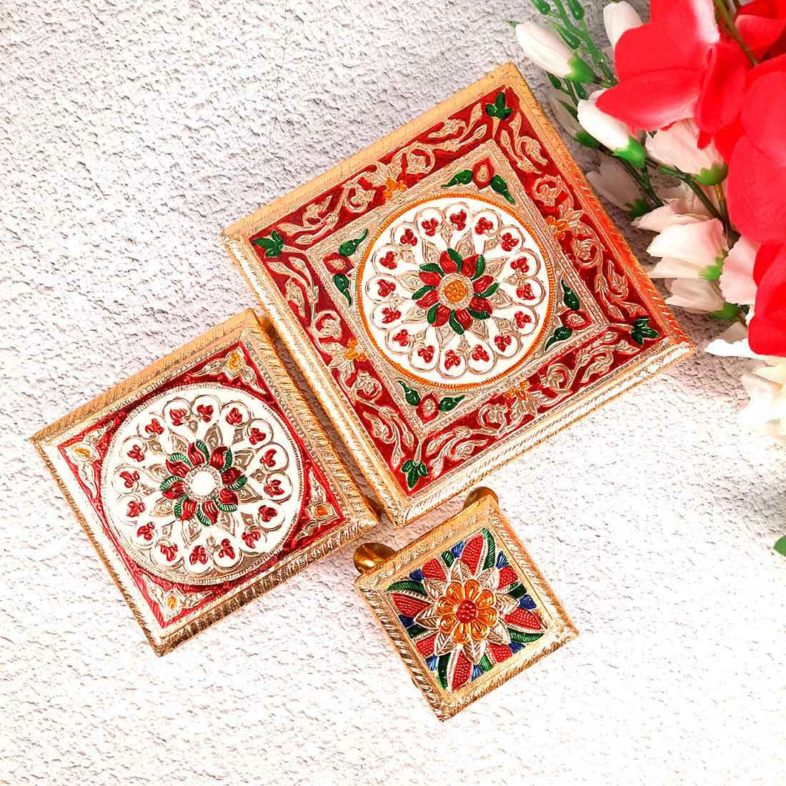 Puja Chowki - 4,6,8 Inch - Set of 3 For Pooja, Wedding & Festive Decor - ApkaMart #Style_Design 1