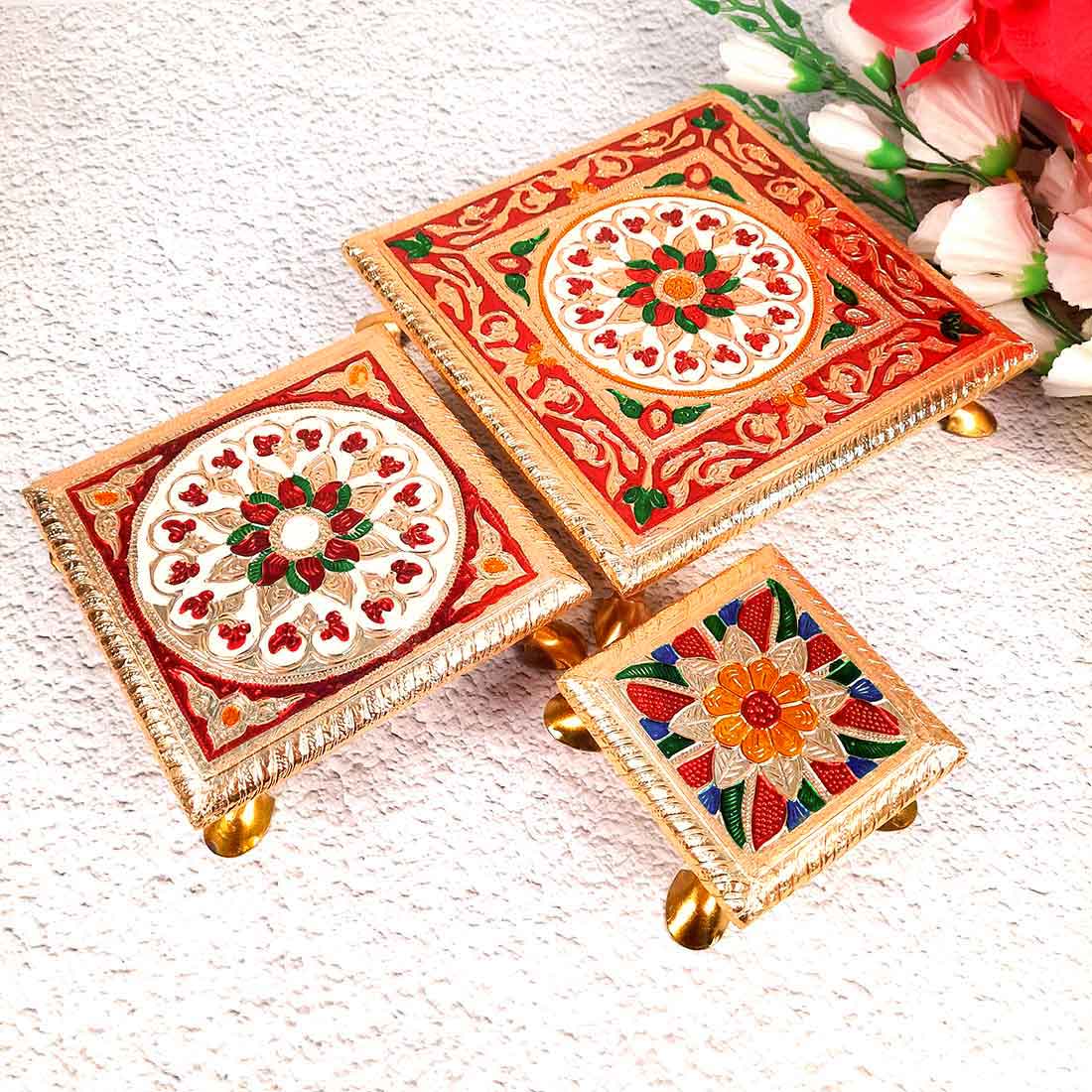 Puja Chowki - 4,6,8 Inch - Set of 3 For Pooja, Wedding & Festive Decor - ApkaMart #Style_Design 1