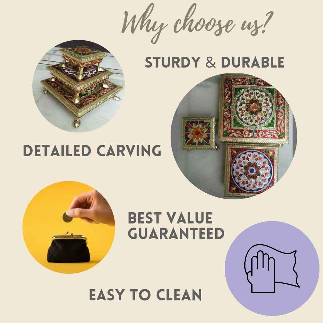 Puja Chowki - 4,6,8 Inch - Set of 3 For Pooja, Wedding & Festive Decor - ApkaMart