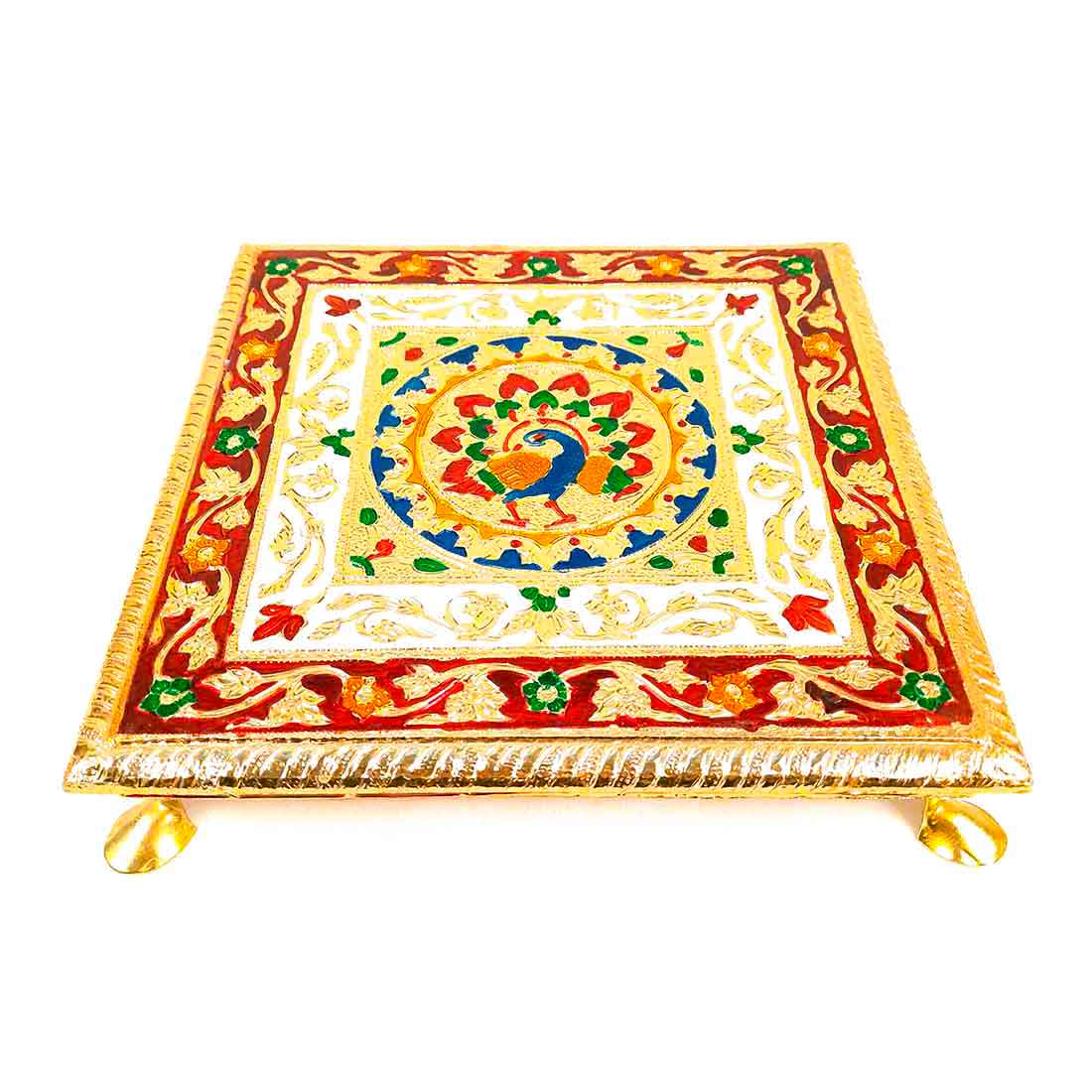 Minakari Bajot | Pooja Chowki - Peacock Design - 10 Inch - ApkaMart #Style_Design 1