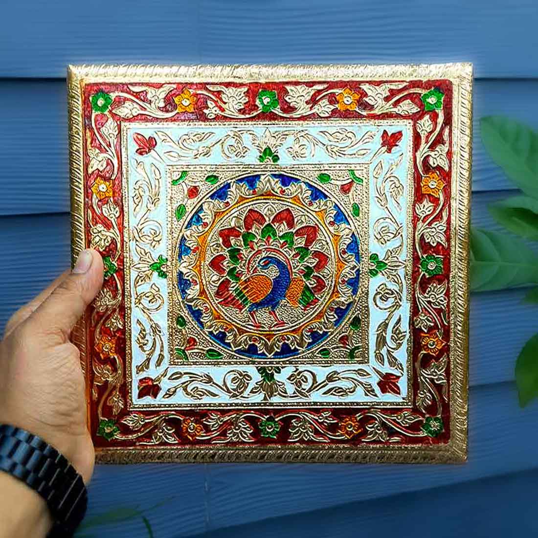 Minakari Bajot | Pooja Chowki - Peacock Design - 10 Inch - ApkaMart #Style_Design 1