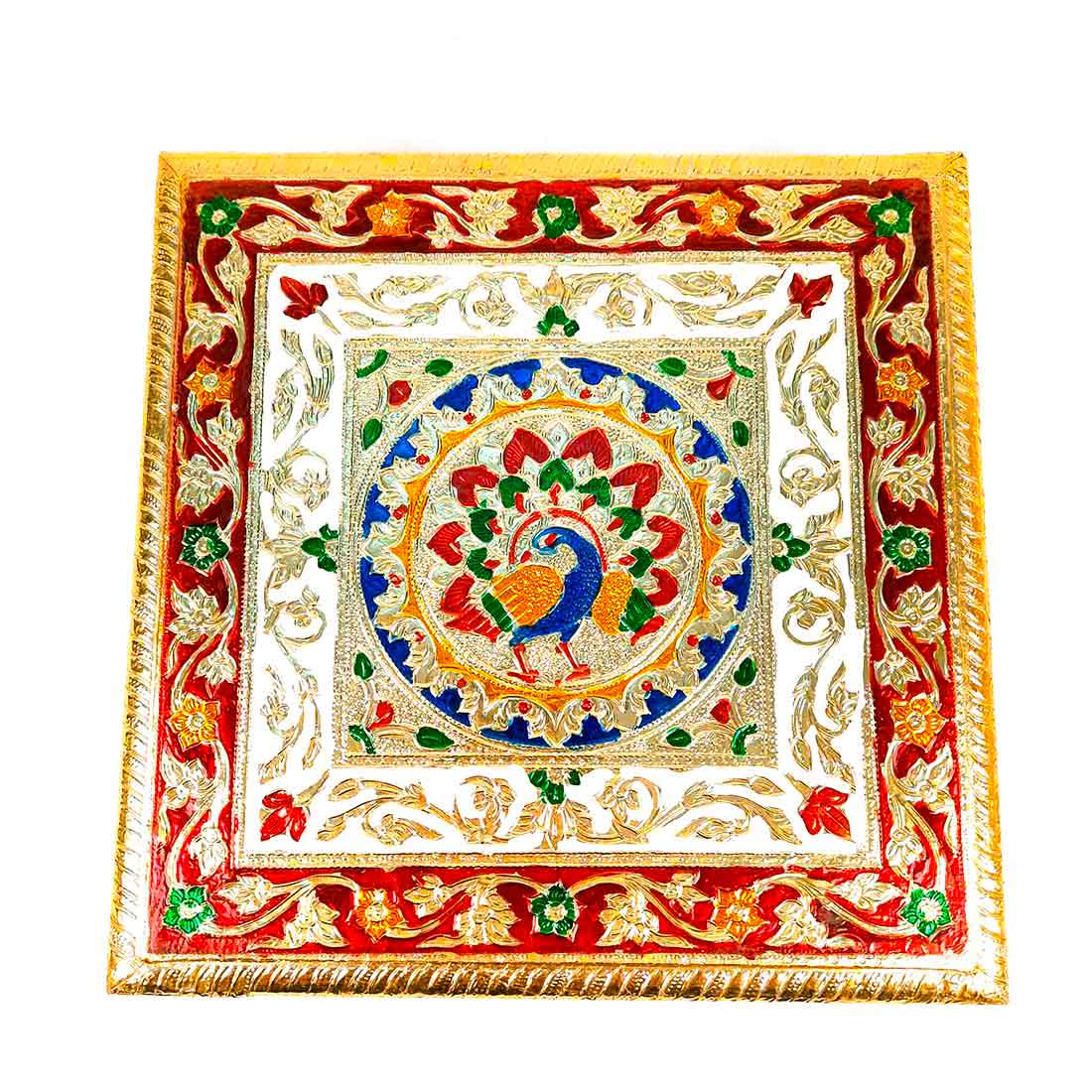 Minakari Bajot | Pooja Chowki - Peacock Design - 10 Inch - ApkaMart #Style_Design 1