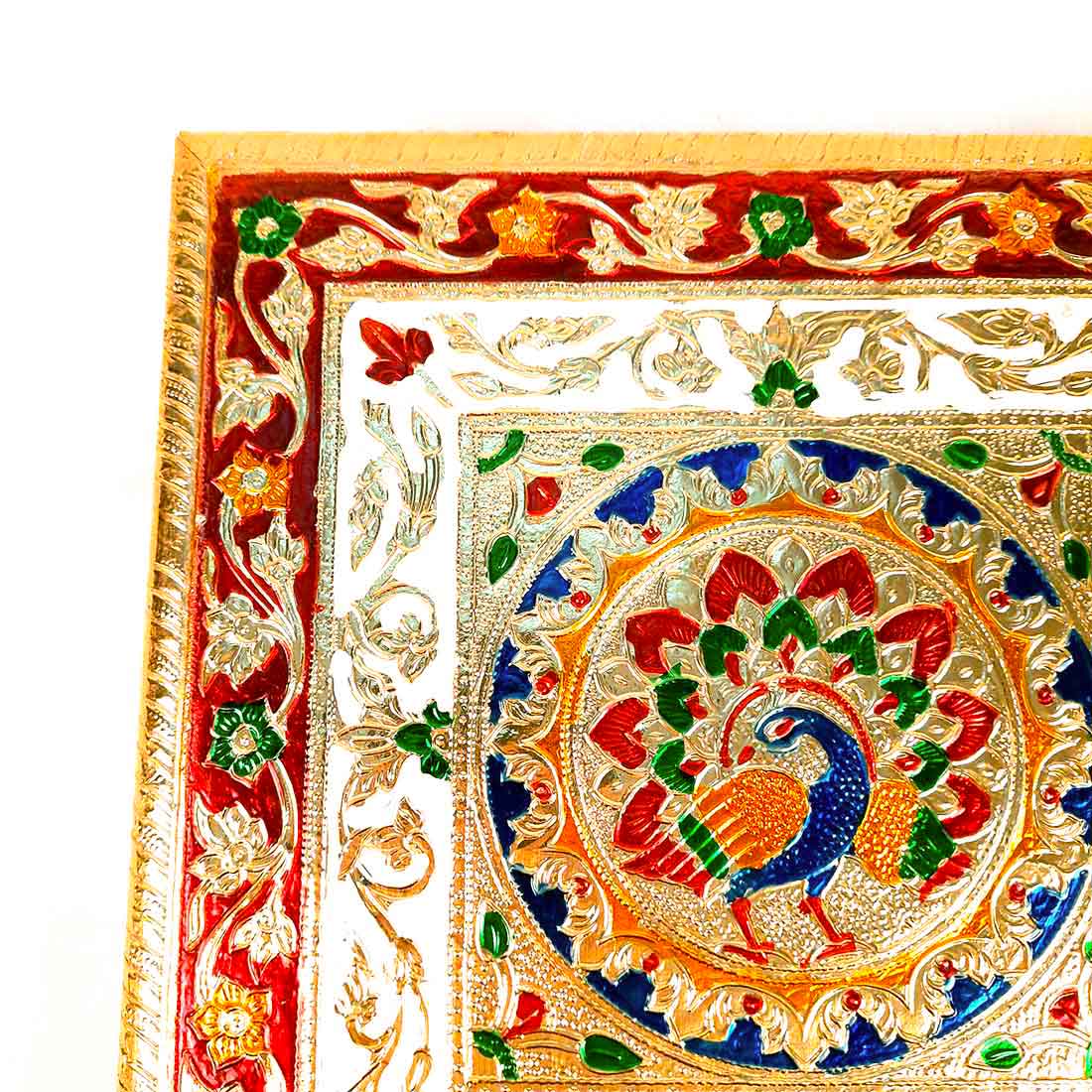 Minakari Bajot | Pooja Chowki - Peacock Design - 10 Inch - ApkaMart #Style_Design 1