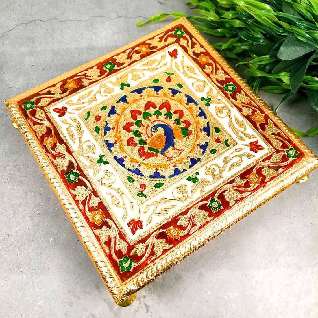 Minakari Bajot | Pooja Chowki - Peacock Design - 10 Inch - ApkaMart #Style_Design 1