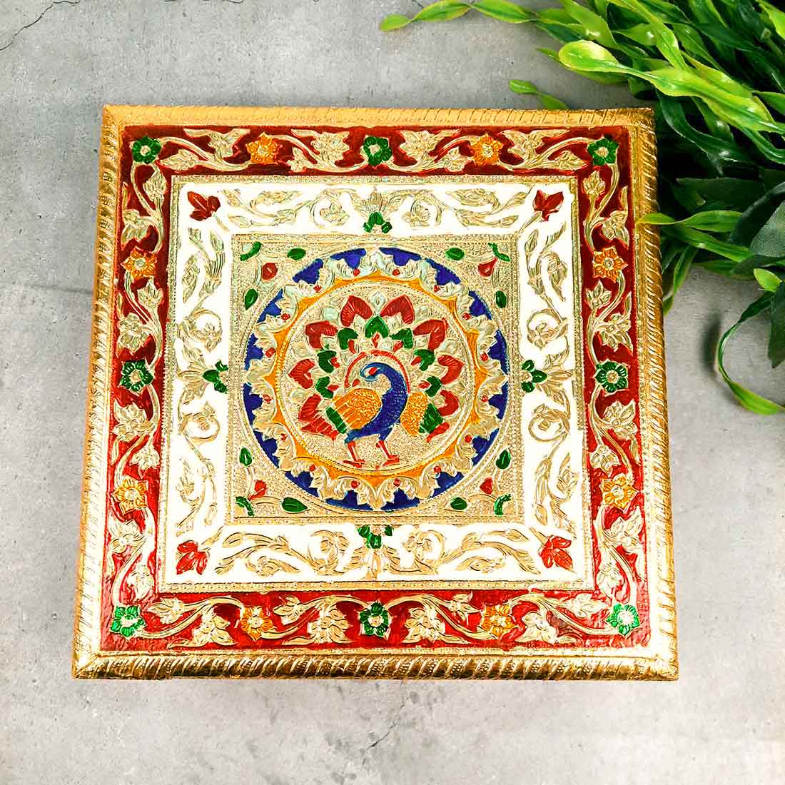 Minakari Bajot | Pooja Chowki - Peacock Design - 10 Inch - ApkaMart #Style_Design 1