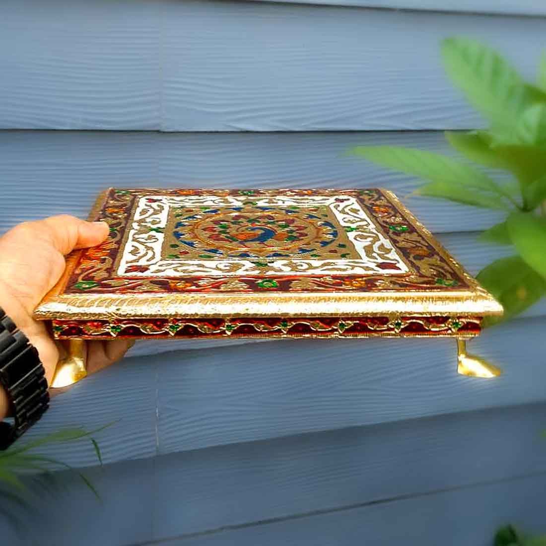 Minakari Bajot | Pooja Chowki - Peacock Design - 10 Inch - ApkaMart #Style_Design 1