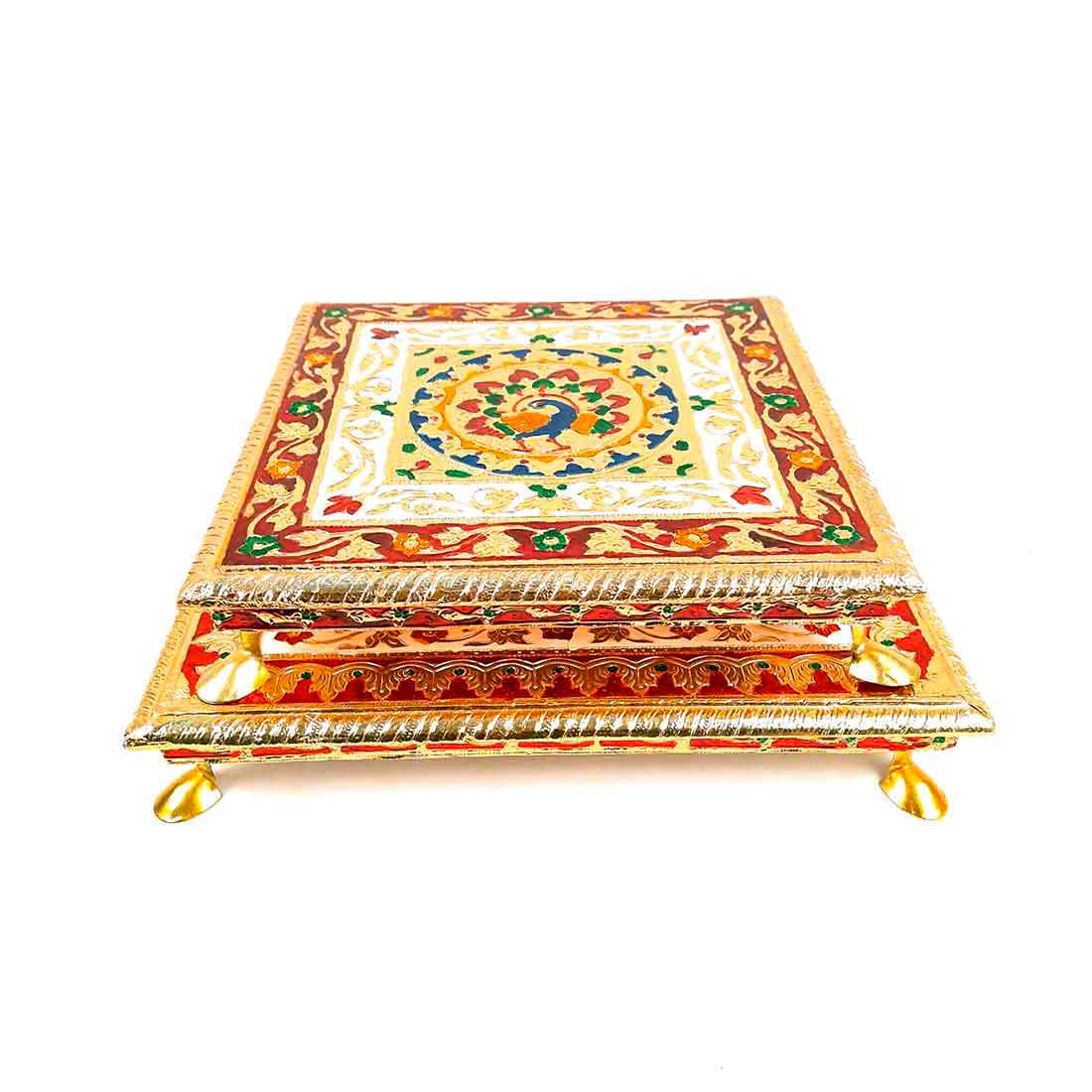Wooden Pooja Bajot - Minakari Chauki Set - For Pooja, Weddings & Festivals -Set of 2 (10 Inch & 12 Inch) - ApkaMart #Style_Design 1